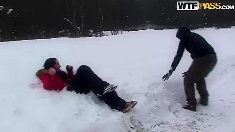 A couple spends a romantic day at a ski lodge