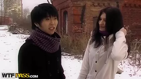 Pretty chick sucks big dick of dude outdoor