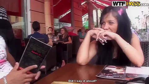 Horny teen 18+ Bella gives hard blowjob to barman in the bar's toilet
