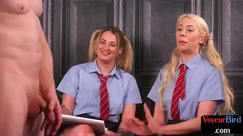 College uniform babes tease jerker who jerks on them