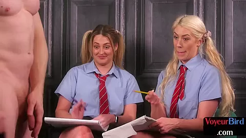 College uniform babes tease jerker who jerks on them