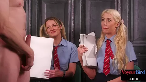 College uniform babes tease jerker who jerks on them