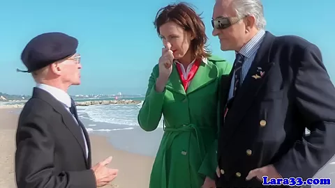 Uniformed milf spitroasted by old guy in trio