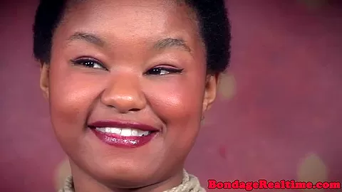 Ebony sub facefucked in bondage threeway