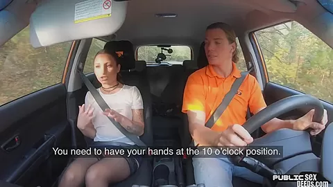BJ babe in stockings outdoor fucked by instructor in car