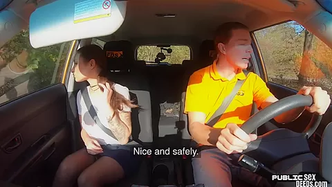 BJ babe in stockings outdoor fucked by instructor in car