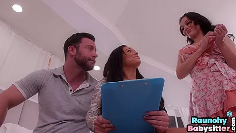 Busty nympho babysitter in stockings with couple in 3some