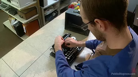 Hot blonde fucked and disgraced in a typewriter shop