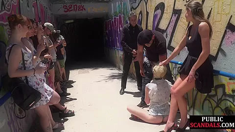 Pathetic babe publicly fucked and pissed in group sex