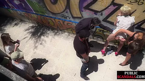 Pathetic babe publicly fucked and pissed in group sex