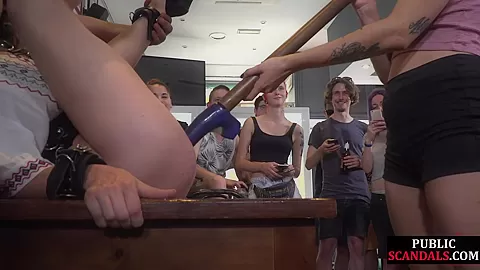 Ballgagged useless babe publicly toyed and fucked in group