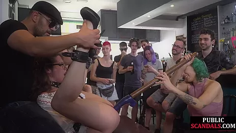 Ballgagged useless babe publicly toyed and fucked in group