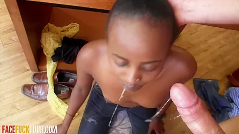 Ebony College student 18+ Overwhelmed with Deep Throat Cum Pie