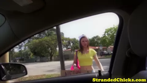 Hitchhiking babe fucked outdoors on car