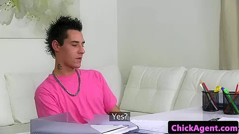 Facialized female agent blows cock