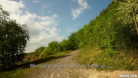 Exhibitionist blonde shows itts out on trail