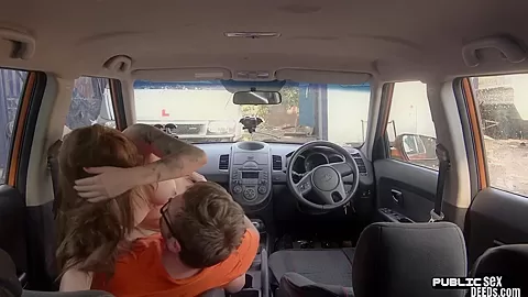 Tattoo babe publicly banged outdoor in car by driving tutor