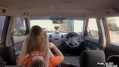 Tattoo babe publicly banged outdoor in car by driving tutor