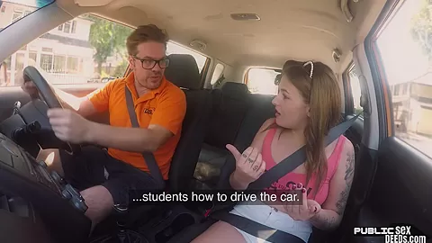 Tattoo babe publicly banged outdoor in car by driving tutor