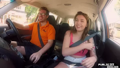 Tattoo babe publicly banged outdoor in car by driving tutor