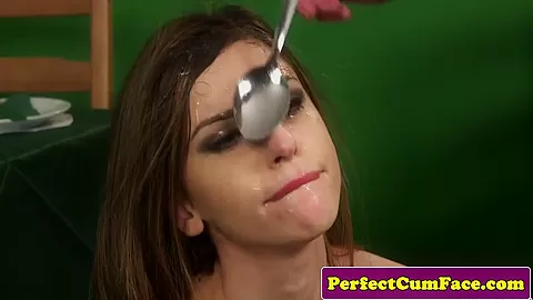 Cumdrenched british babe fed spunk with spoon