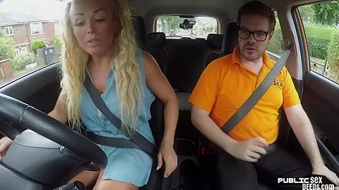 Busty MILF publicly outdoor fucked in car by driving tutor