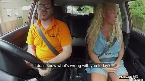 Busty MILF publicly outdoor fucked in car by driving tutor