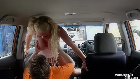 Busty MILF publicly outdoor fucked in car by driving tutor