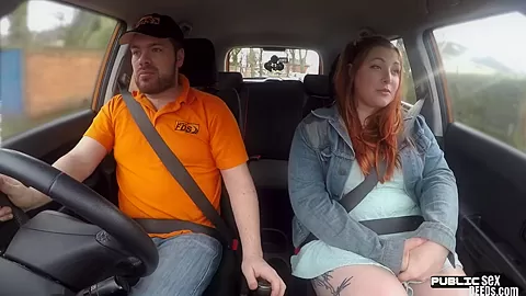 Curvy ginger inked babe publicly fucked in car by instructor