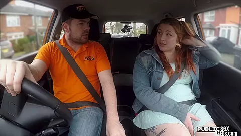Curvy ginger inked babe publicly fucked in car by instructor