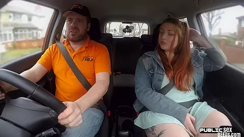 Curvy ginger inked babe publicly fucked in car by instructor