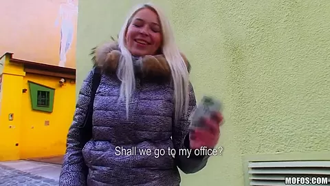 Beautiful blonde curve Karol walks on the streets and thinks about sex