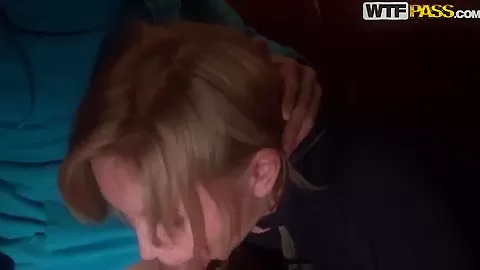 Long haired blonde chick sucks in the porch for the money