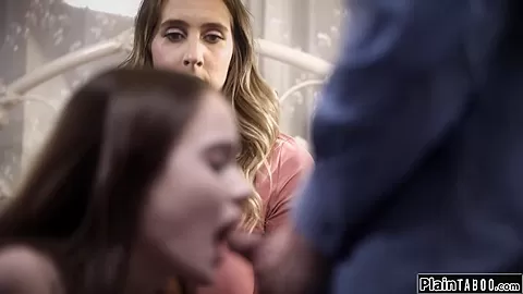Blonde helping sis with soaking sex and jumps on bed for bj