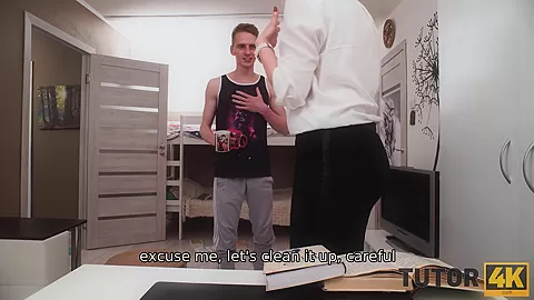 TUTOR4K. Smart aleck spills tea on mature teacher's dress and seduces her