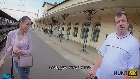 HUNT4K. Man watches how his lassie sucks strangers dick for cash