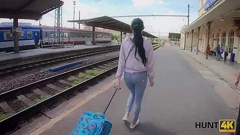 HUNT4K. Man watches how his lassie sucks strangers dick for cash