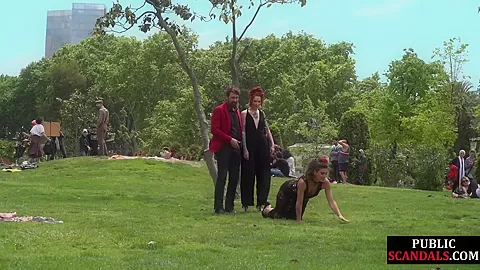 Redhead domina n lord showing their naked babe sub in public