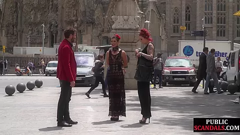 Redhead domina n lord showing their naked babe sub in public