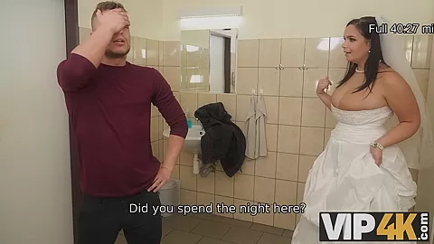 VIP4K. Being locked in the bathroom, sexy bride doesnt lose time and seduces random guy
