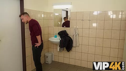 VIP4K. Being locked in the bathroom, sexy bride doesnt lose time and seduces random guy
