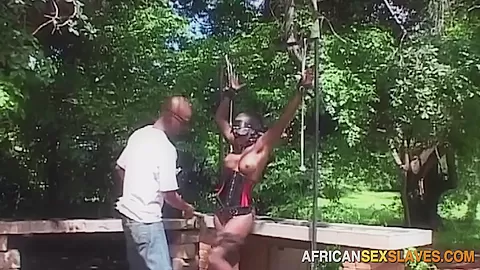 African lady tied BDSM outdoor in forest hardcore humiliation spanking