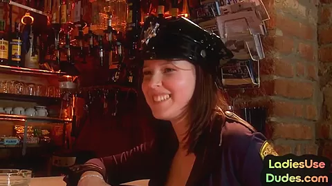 Pegging police CFNM babes in bar fuck strapon sissy in 3way