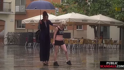 Lezdom redhead MILF shows teen 18+ bondservant outdoor in public