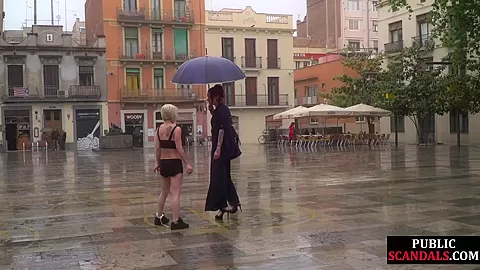 Lezdom redhead MILF shows teen 18+ bondservant outdoor in public