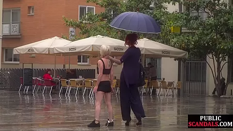 Lezdom redhead MILF shows teen 18+ bondservant outdoor in public