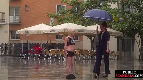 Lezdom redhead MILF shows teen 18+ bondservant outdoor in public