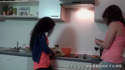German Lesbians making out in the kitchen