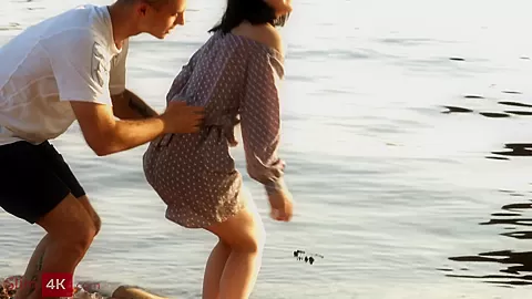 Romantic walk ends for brunette and her man with anal sex