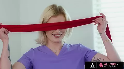 ALL GIRL MASSAGE - Hot Blindfolded Masseuse Is Put To The Test With Her S***s By Her Colleague